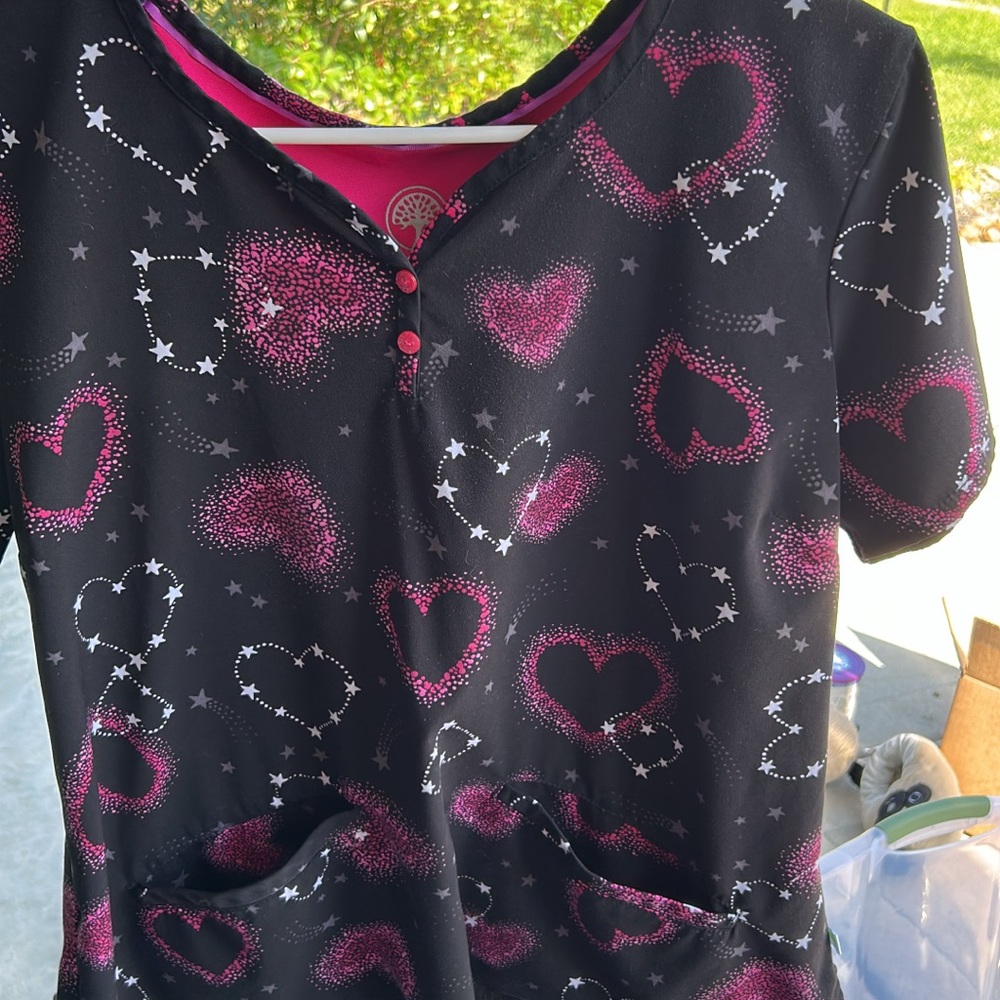 Healing Hands Black and Pink Heart Patterned Scrub Top